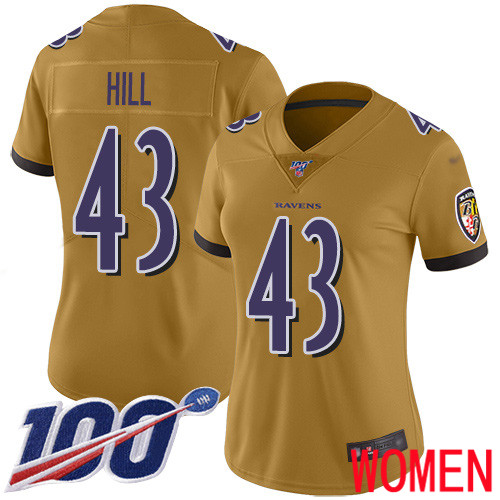 Baltimore Ravens Limited Gold Women Justice Hill Jersey NFL Football 43 100th Season Inverted Legend